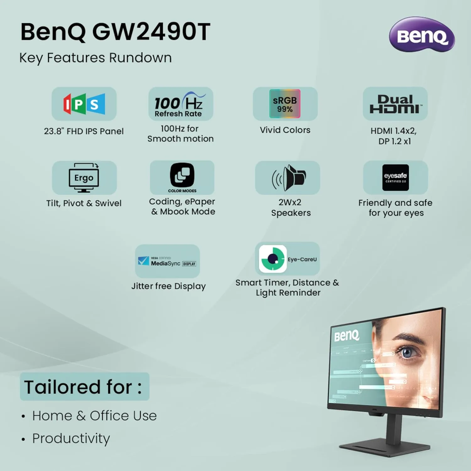 BenQ LED Monitor 23.8" IPS Panel 100Hz Tilt, Pivot Swivel With HDMI | DP | Speaker (GW2490T) view 9